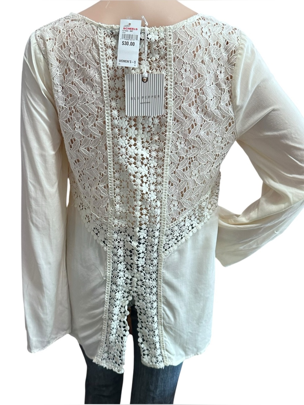 Blu Pepper Open-Back Boho Lace Tunic Blouse in cream Sz Small